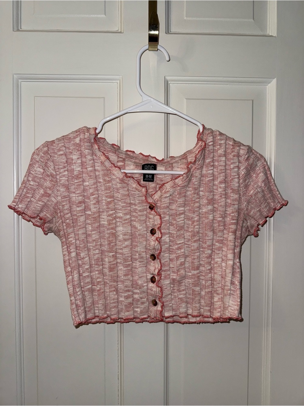 BDG Soft Pink Ribbed Button-Front Crop Top - Picture 1 of 2